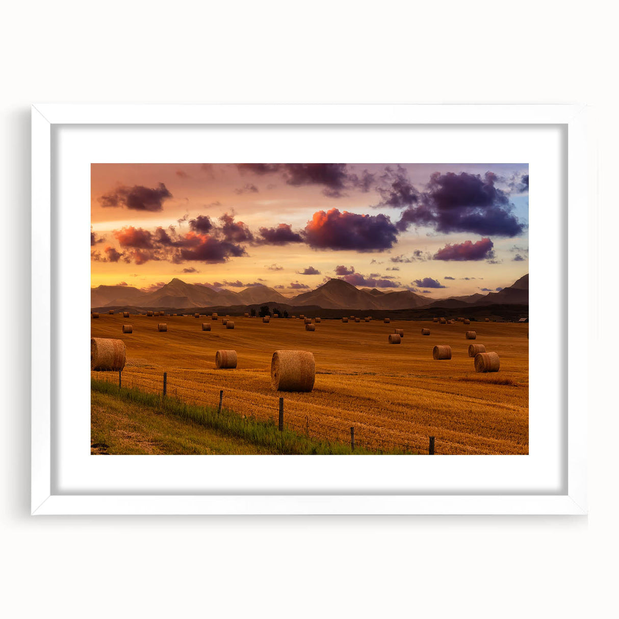 Abstract art print of Alberta, Canada scenery in muted earth tones on a framed white mat, suitable for dining room decor.