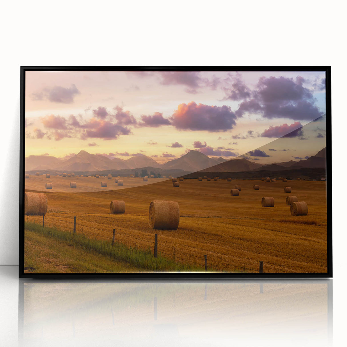 Large abstract wall art depicting a misty Alberta, Canada landscape in muted gray tones, framed in black acrylic.