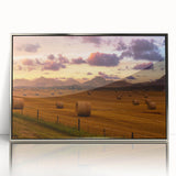 Mid-century modernist art depicting Alberta, Canada scenery in muted earth tones on a silver-framed acrylic print.