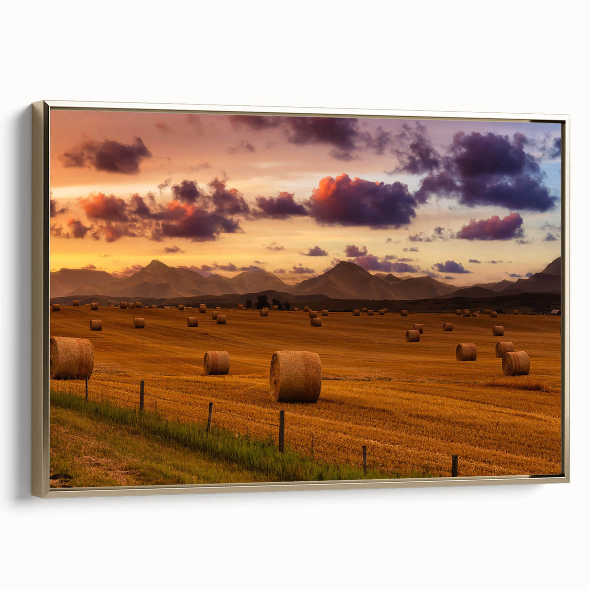 Framed canvas featuring a vintage-style landscape painting of Alberta, Canada, with muted earth tones.