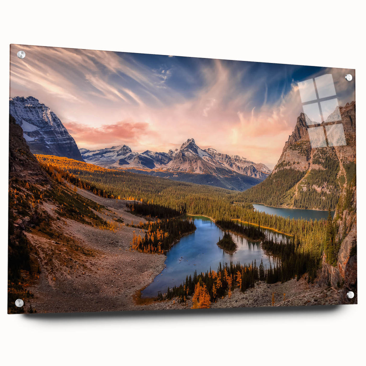 Large abstract wall art of British Columbia scenery on acrylic glass, featuring muted earth tones.