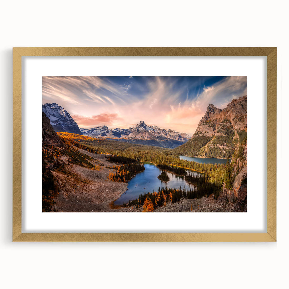Extra large abstract art print of a textured Canadian landscape in muted earth tones, framed in gold.