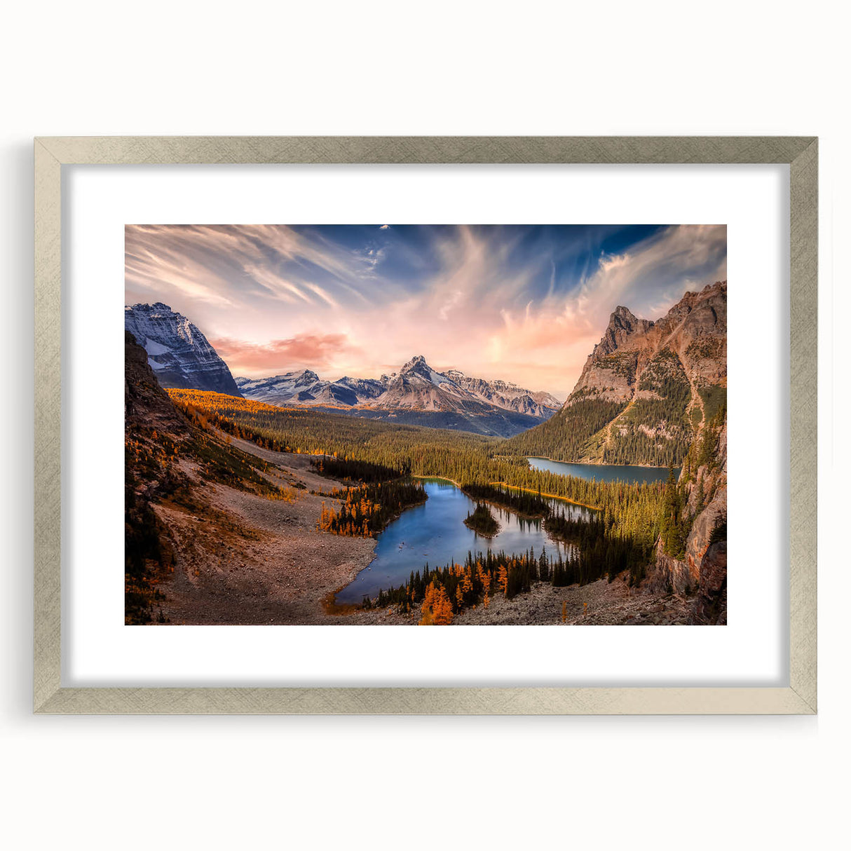 Textured abstract art print of British Columbia scenery in silver frame, ideal for bedroom art.