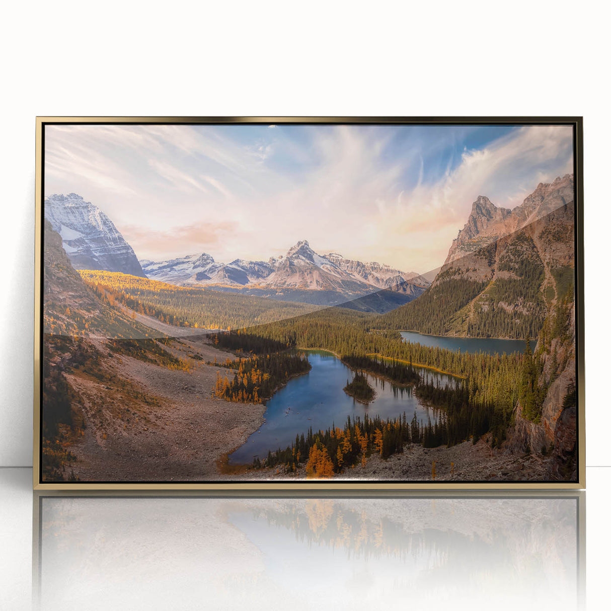 Large art print of British Columbia scenery on framed acrylic, in gold tones, ideal for modern art wall decor.