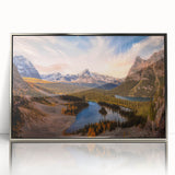 Mid-century modernist art depicting British Columbia scenery on a silver-framed acrylic print, suited for nursery wall decor.