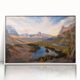 Art deco poster featuring a serene British Columbia landscape in muted green and blue tones, acrylic print framed in white.