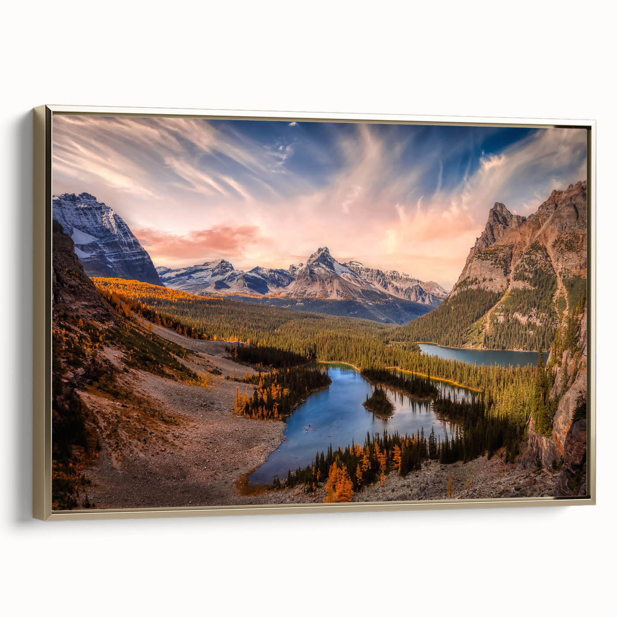 Framed canvas featuring a vintage-style landscape painting of British Columbia, in muted gold and black tones.