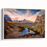 Extra large framed canvas of a vintage poster art depicting British Columbia scenery in colorful hues.