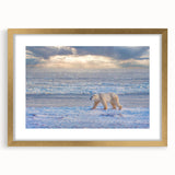 Extra large abstract art print depicting a textured scenery of Manitoba in muted earth tones, framed in gold.