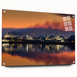 Large abstract wall art depicting Saskatchewan scenery in muted blue tones on acrylic glass.