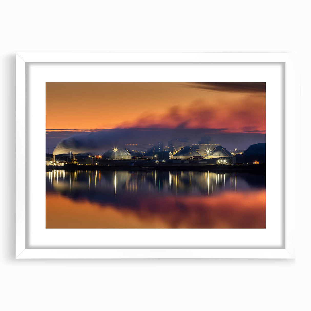 Abstract art print of a Saskatchewan landscape in muted earth tones, framed in white, ideal for dining room decor.