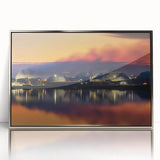 Mid-century modernist art of Saskatchewan scenery in silver-framed acrylic, featuring cool blue and green tones.