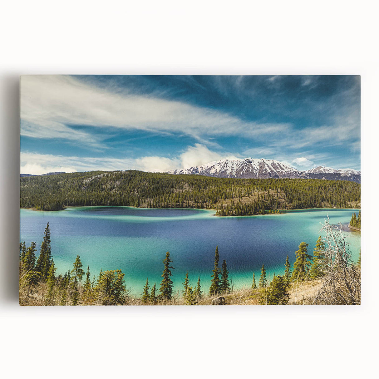 Black and white photograph of Yukon scenery on large stretched canvas, ideal for kitchen wall art.