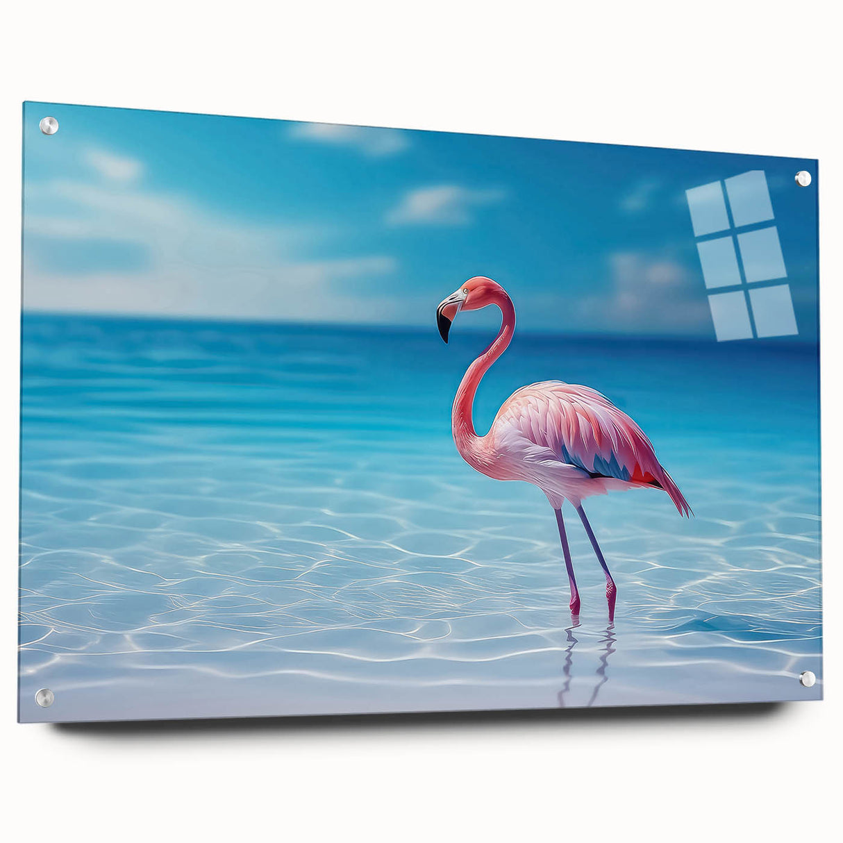 Large abstract wall art depicting the Caribbean Aruba scenery in vibrant blue and green tones on acrylic glass.