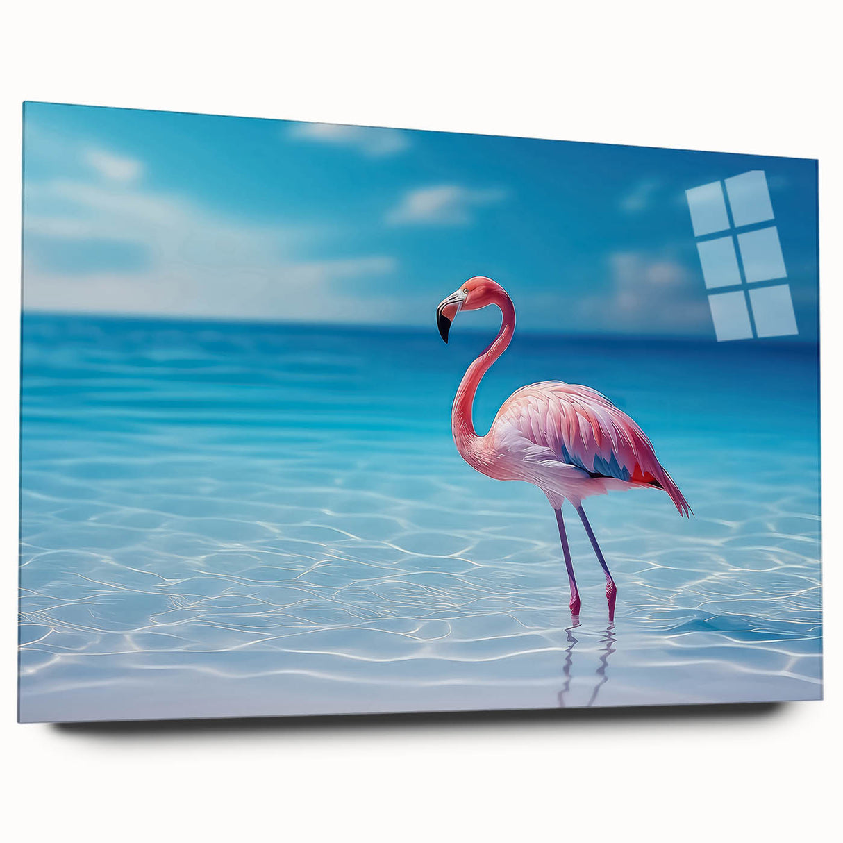 Large abstract wall art of Caribbean scenery in vibrant blue and green tones on acrylic glass.