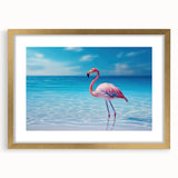 Abstract art print of Caribbean scenery in muted blue and green hues on a framed canvas, ideal for dining room decor.