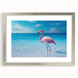 Extra large abstract art print depicting a Caribbean scenery in vibrant blues and greens, framed in silver.
