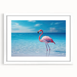 Textured abstract art print of a Caribbean scenery in muted blue and green, framed with a white mat, ideal for bedroom art.