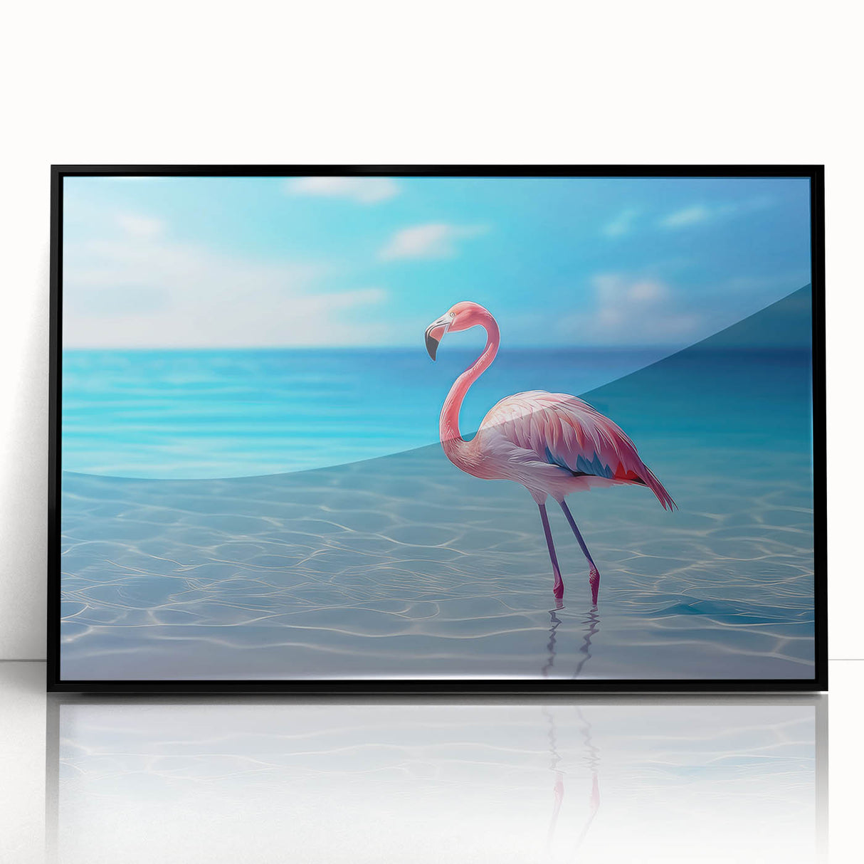 Large abstract wall art depicting Caribbean scenery in vibrant blue and green tones, framed in black acrylic.