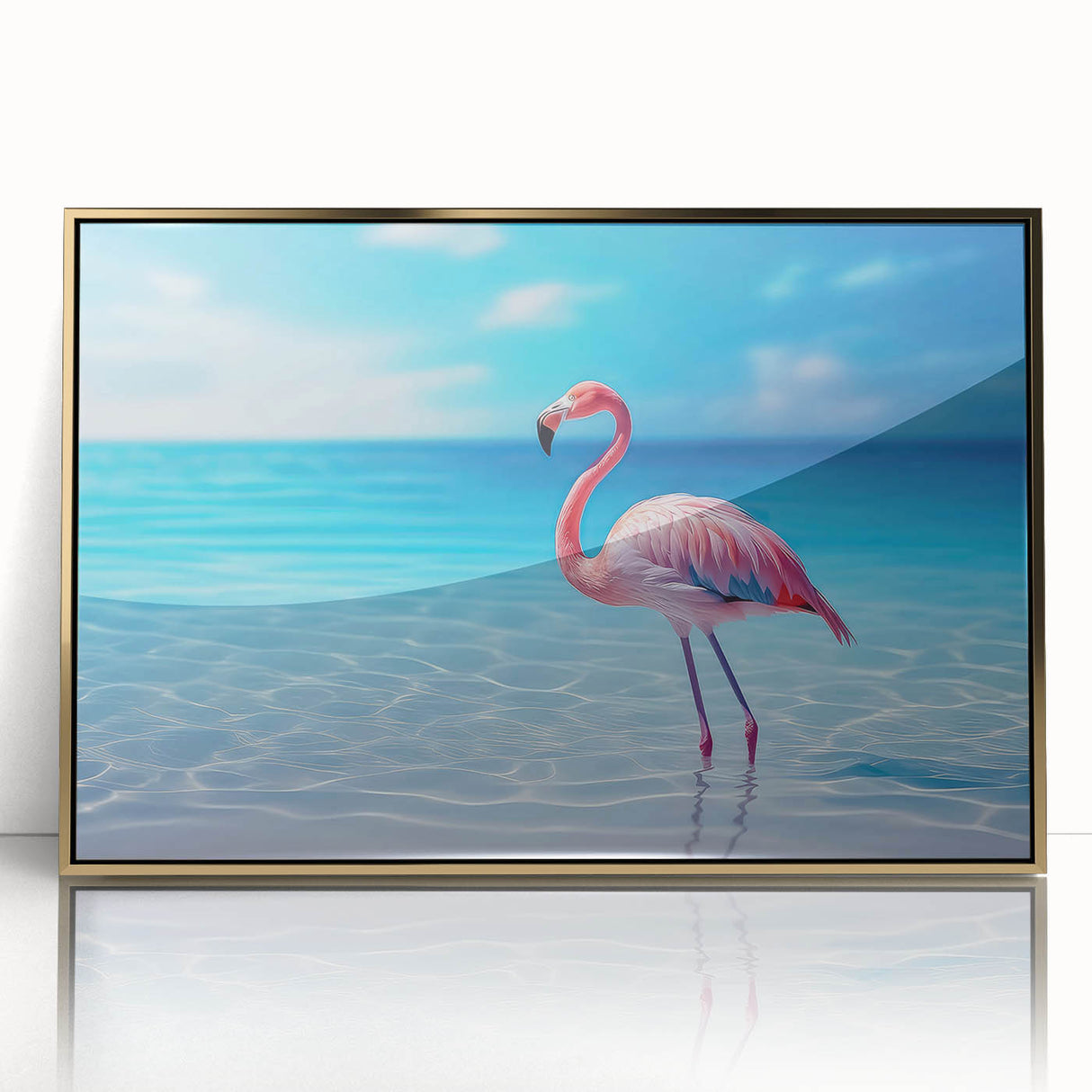 Art deco poster of a Caribbean scene in Aruba, featuring pastel shades on acrylic, framed in gold.