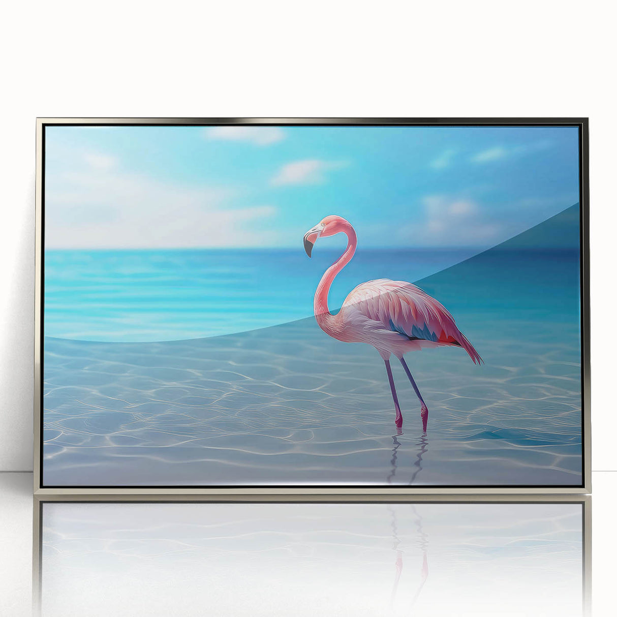 Large art print of Caribbean Aruba scenery in a silver-framed acrylic, featuring mid-century modernist style.