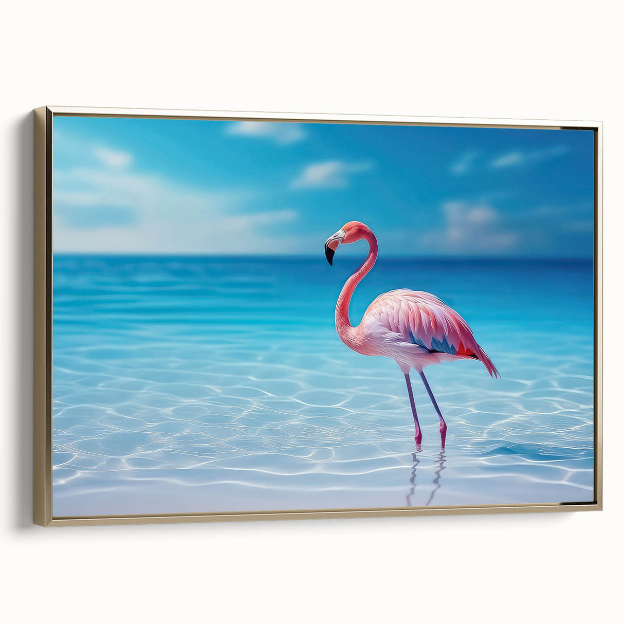 Framed canvas featuring a vintage-style landscape painting of the Caribbean, with muted gold and black tones.