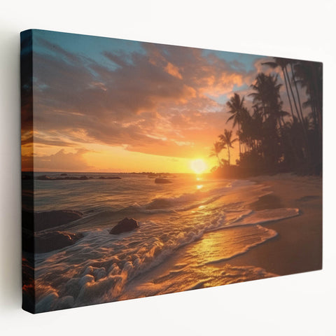 Caribbean Bahamas landscape on stretched canvas, featuring vivid blue and green hues, ideal for kitchen wall art.