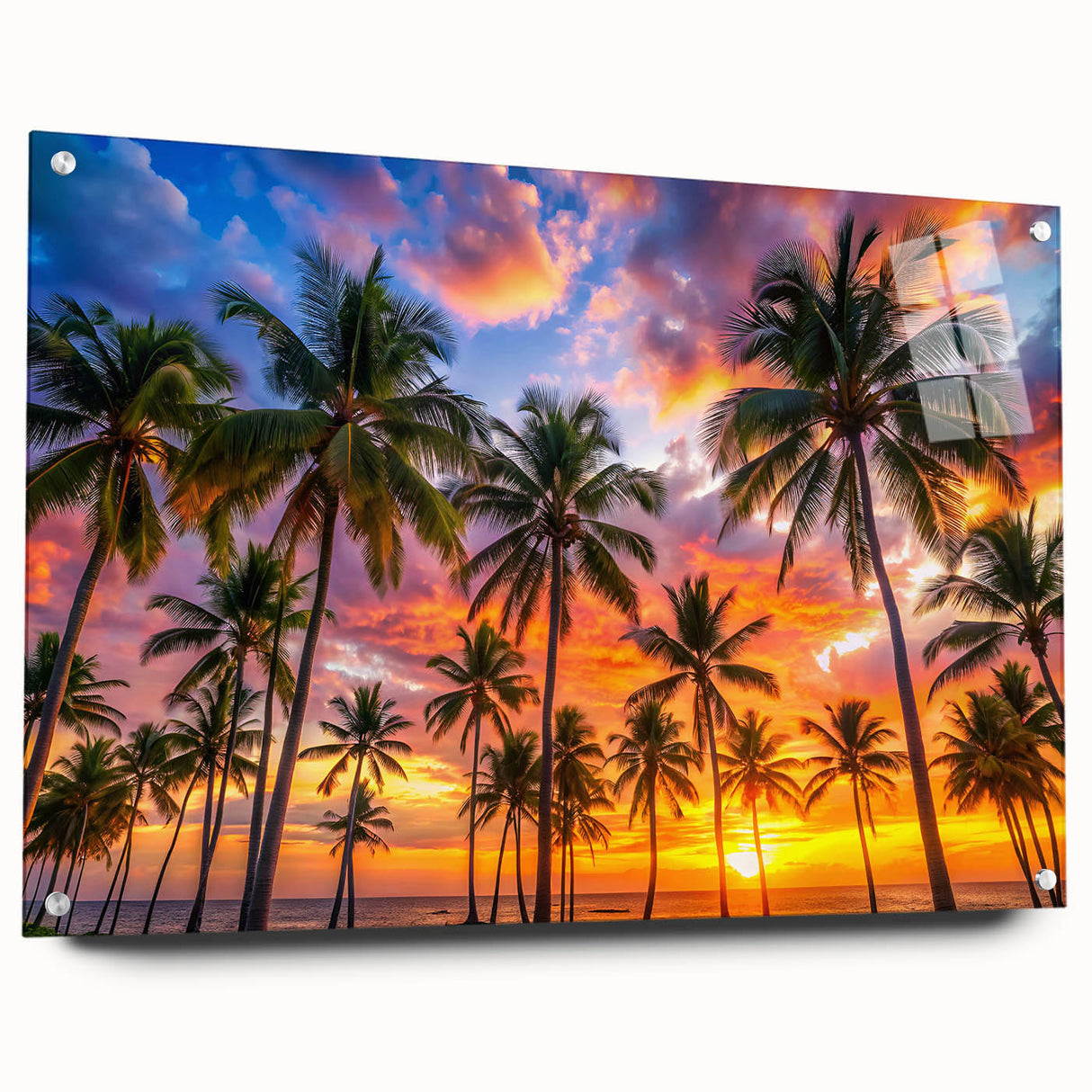 Acrylic print of a Caribbean Barbados landscape with vibrant blue and green hues, ideal for dining room decor.