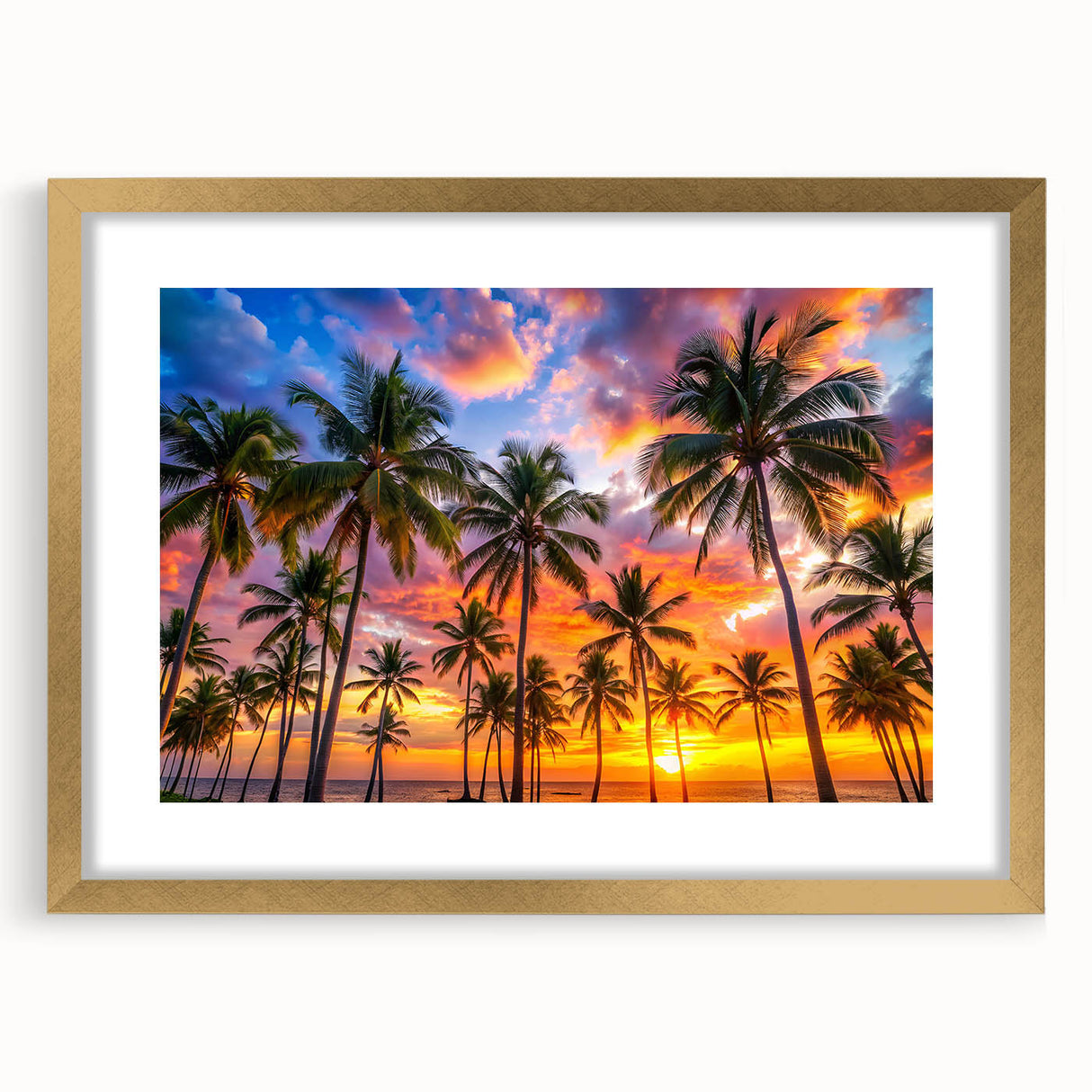 Abstract art print of a Caribbean scenery in muted blue and green tones, framed in gold, suitable for dining room decor.