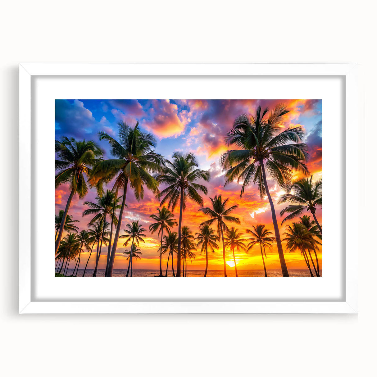 Textured abstract art print depicting a Caribbean scenery in muted blue and green tones, framed in white.