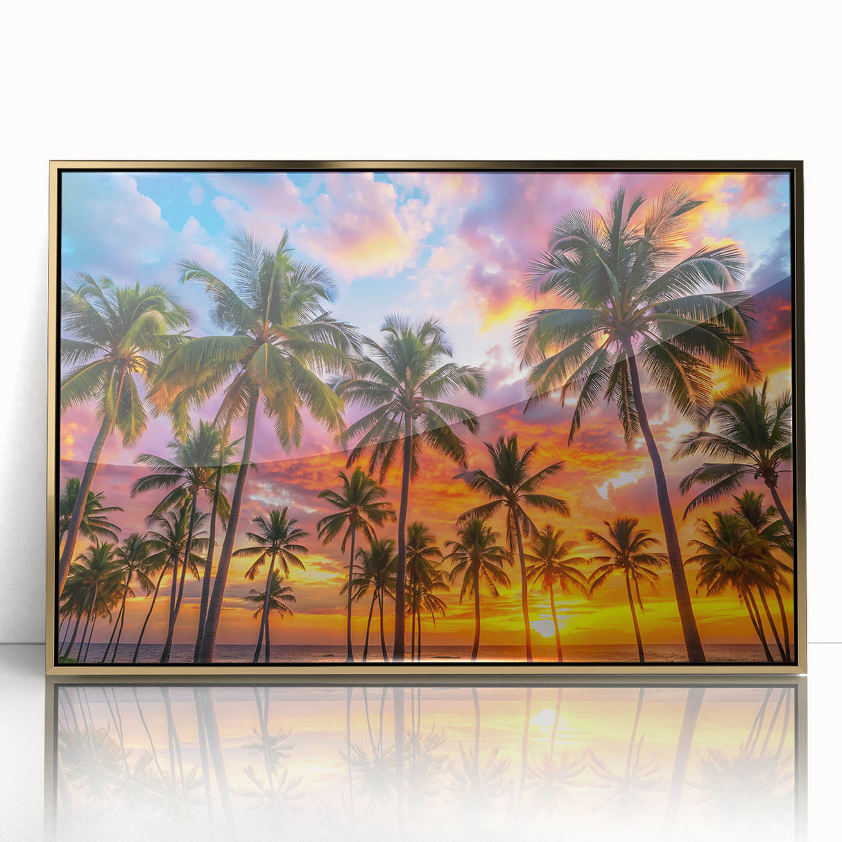 Art deco poster featuring Caribbean Barbados scenery in acrylic, framed in gold, ideal for modern art wall decor.