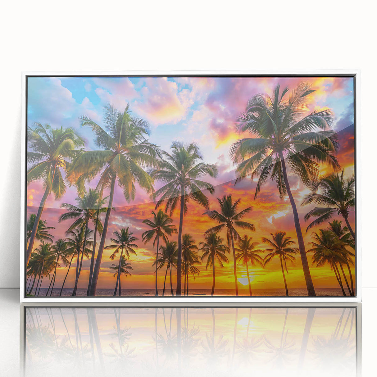 Mid-century modernist art depicting a Caribbean Barbados scenery in vibrant blues and greens, framed acrylic.