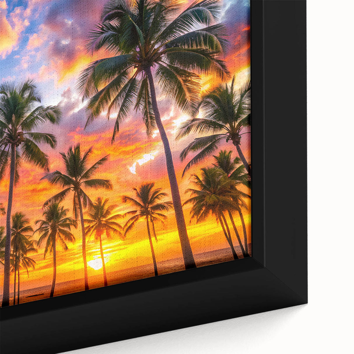 Extra large black wall art featuring a textured Caribbean Barbados scenery on framed canvas with colorful art accents.