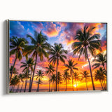 Framed canvas featuring a vintage-style landscape painting of the Caribbean coast in vibrant colors.