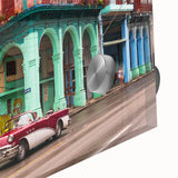 Large abstract wall art depicting a Caribbean Cuba scenery in vibrant hues on acrylic glass, ideal for dining room art.