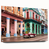 Large abstract wall art depicting a Caribbean scenery in vibrant hues, acrylic print ideal for dining room decor.