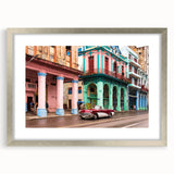 Extra large abstract art print depicting a textured Caribbean scenery in muted blue and green tones.