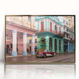 Art deco poster of a Caribbean scene in muted blues and greens on framed acrylic, suitable for modern art wall decor.