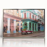 Large art print of a Caribbean Cuban scenery in muted pastel hues on a silver-framed acrylic, ideal for nursery wall art.