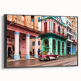 Black and white framed canvas of a vintage Cuban landscape, ideal for bedroom wall art.