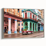 Landscape art painting of a Caribbean scene on framed canvas, featuring vibrant colors and vintage poster style.