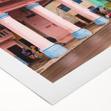 Art deco poster of a vintage Caribbean scene in pastel shades on rolled canvas, suitable for dining room decor.