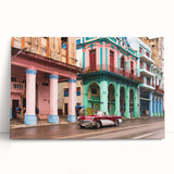 Black and white photograph of a vintage Cuban street scene on large stretched canvas, ideal for kitchen wall art.