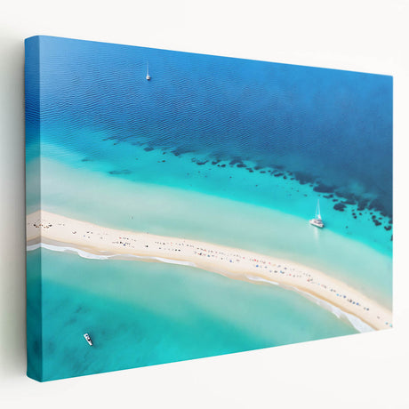 Large stretched canvas depicting a serene Caribbean beach scene in soft blue and sandy hues, ideal for kitchen wall art.