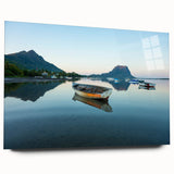 Large abstract wall art of a Caribbean Martinique scenery in vibrant blue and green hues, acrylic print.