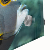 Large abstract wall art depicting a Caribbean scenery in vibrant blues and greens on acrylic glass.