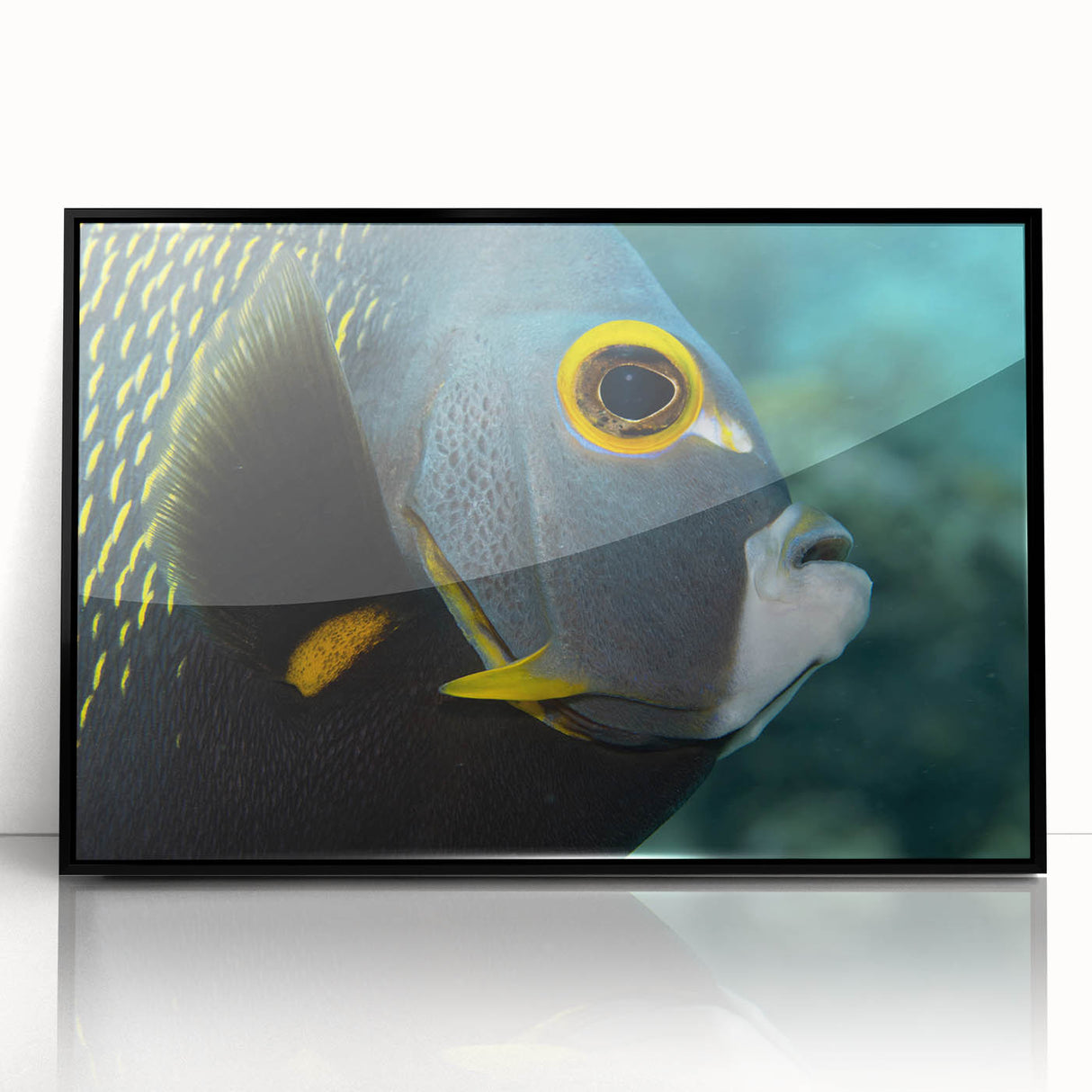 Large abstract wall art depicting a vibrant Caribbean scene in mid-century modernist style, framed in black acrylic.