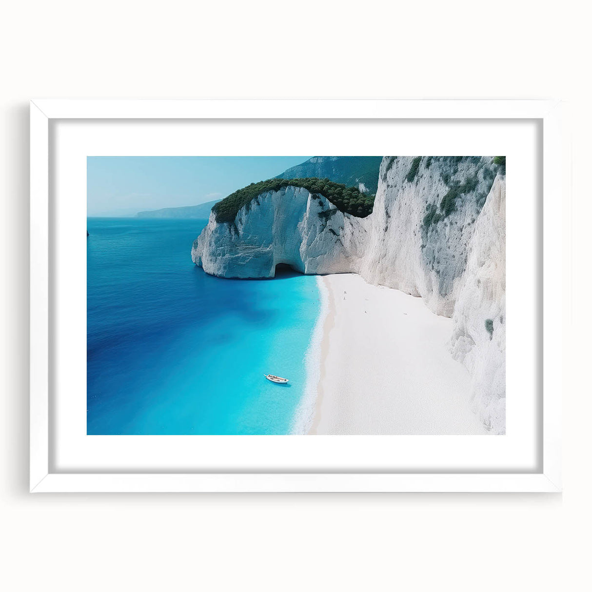 Textured art depicting the Caribbean Virgin Islands in abstract style, with a white mat and frame, suited for bedroom decor.