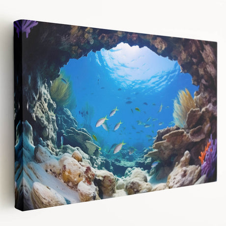 Side view of a stretched canvas featuring a serene Belize landscape in soft green and blue tones.