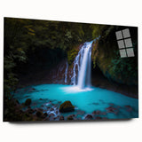 Large abstract wall art of a Costa Rican scenery in vibrant green and blue tones on acrylic glass.